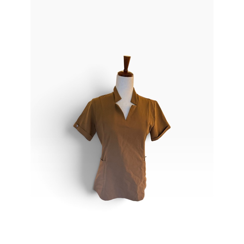 Figs Technical Collection Notch Neck Scrub Top XS Clay Tan Short Sleeve Pockets
